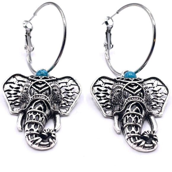 Silver with Turquoise Boho Elephants Hinged Post Hoop Earrings - Picture 2 of 7